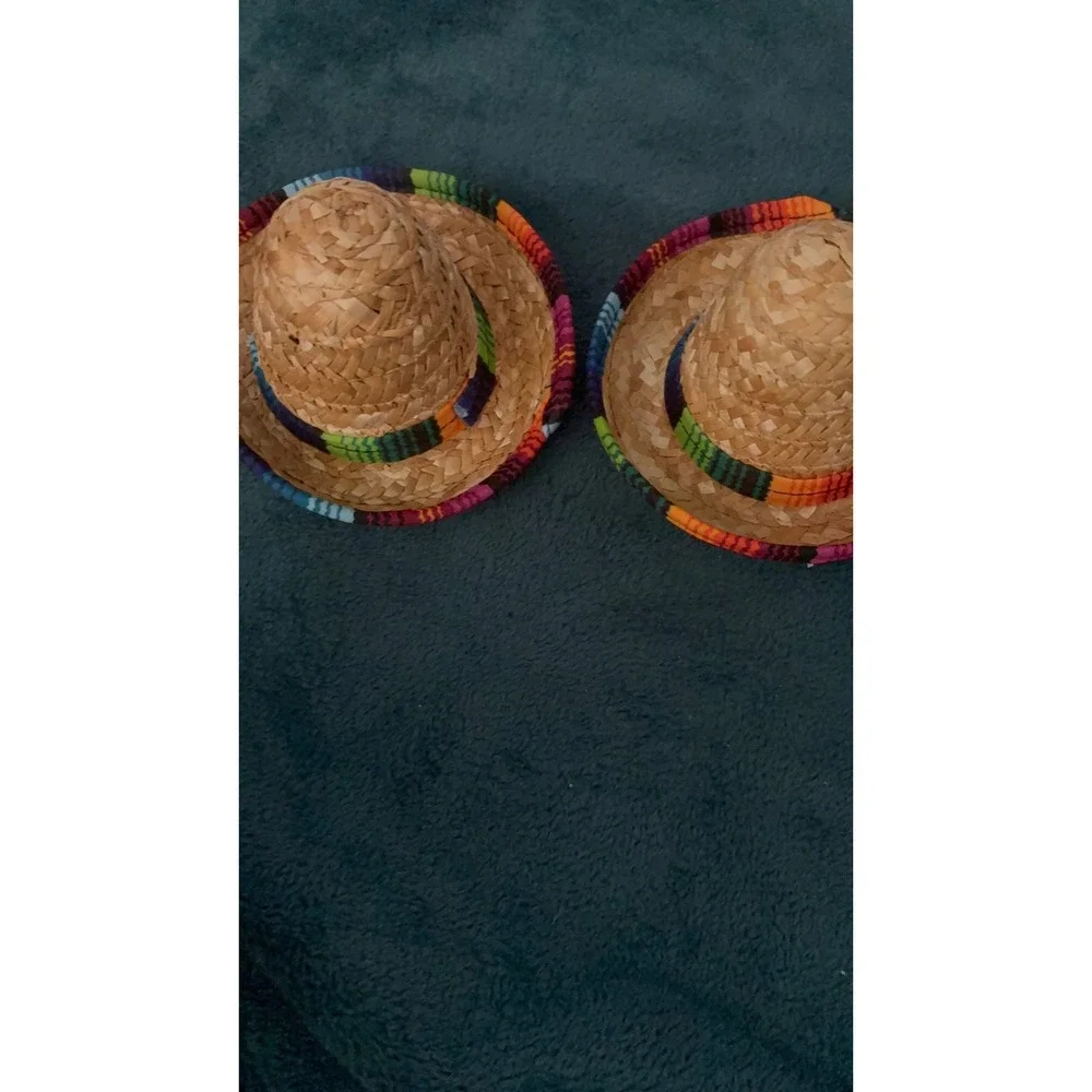 Set of 2 Mini Straw Sombrero Hats with Colorful Serape Trim 5.5 Inch Fiesta